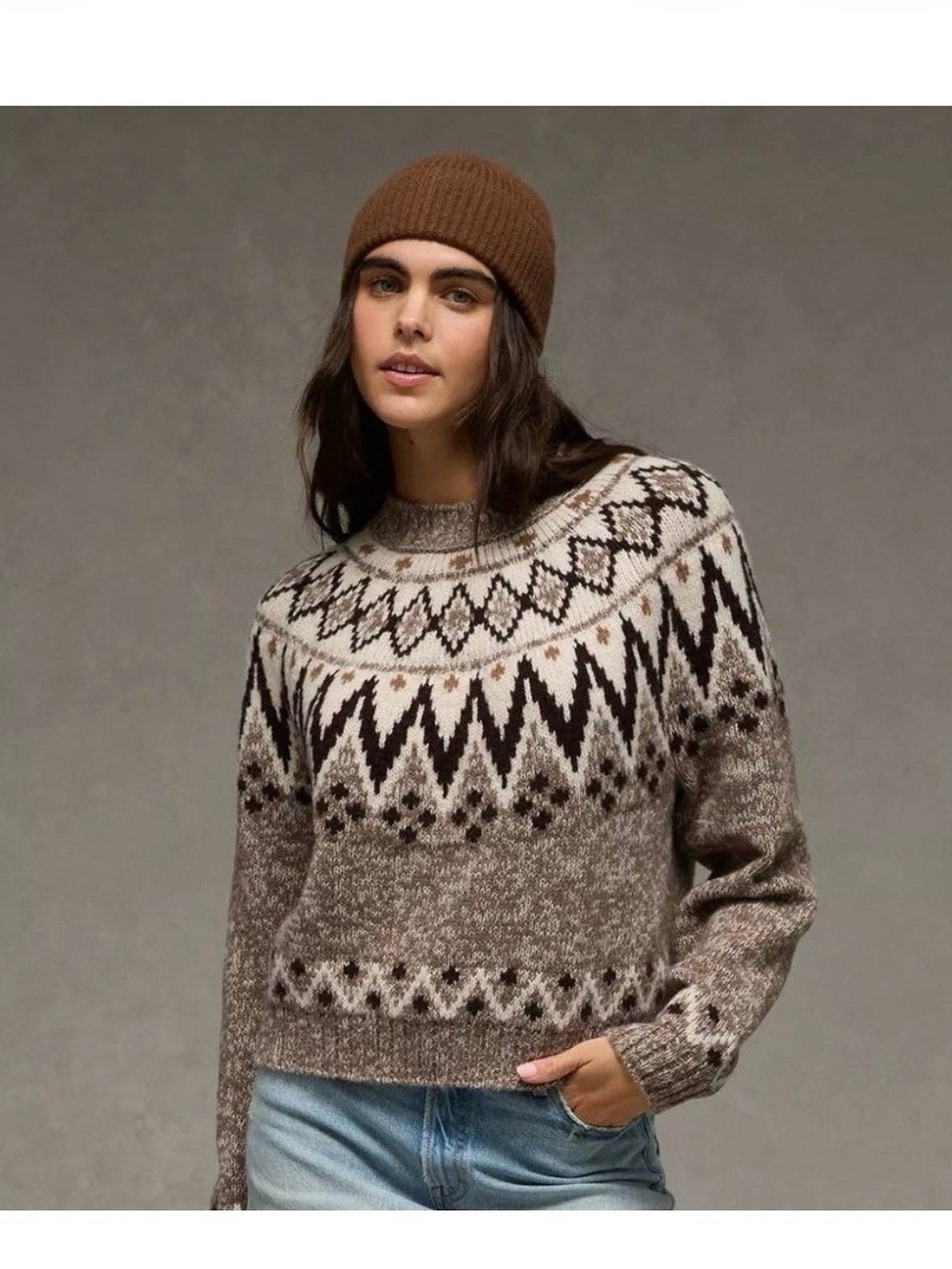 American Eagle Snow Stopper Knit Fair Isle Sweater Cropped Nordic Earthy L NWOT
